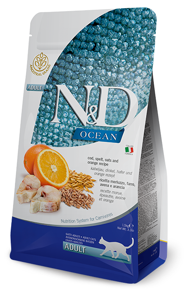 N&D Cat Ocean tőkehal tönköly zab narancs adult macskatáp