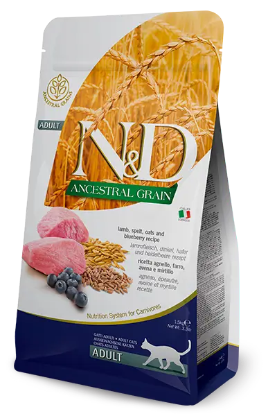 N&D Cat Ancestral Grain felnőtt macskaeledel báránnyal, tönkölybúzával, zabbal és áfonyával